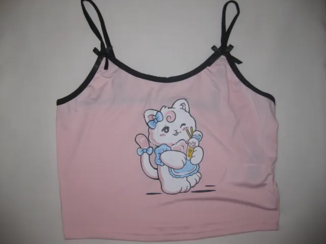 Romwe kawaii cat graphic cami crop top w/bow strap S pink w/black nwt 80s