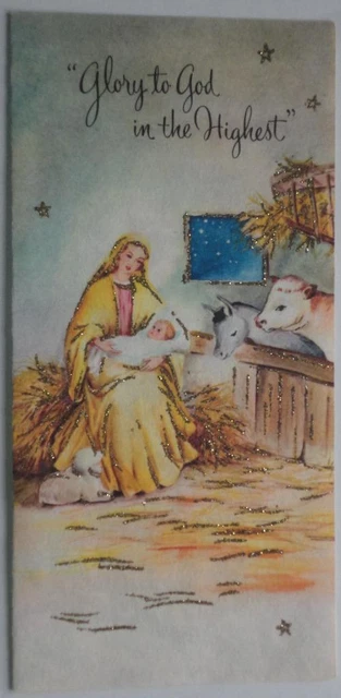 UNUSED Vintage Christmas Card GLITTERED Mother Mary, Baby Jesus, Stable Animals