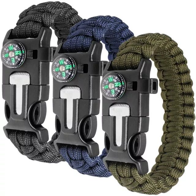 Bracciale Sopravvivenza Acciarino Paracord Fischietto Bussola Lama Sopravvivenza