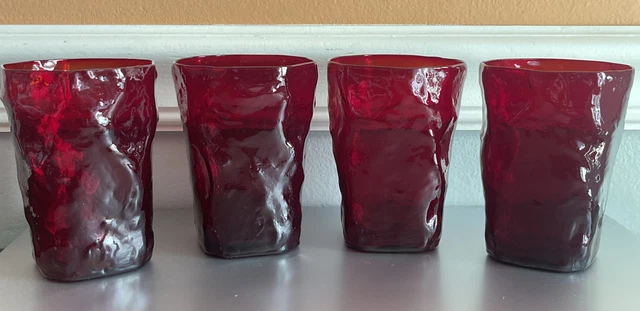 Crinkle Ruby by Morgantown 10 OZ. Flat Tumblers Set Of 4 Crinkle Glass