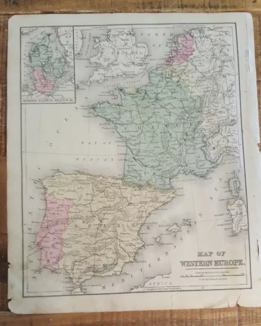 Ancien Main Coloré Carte - Europe Ouest / Commune École Géographie 1873