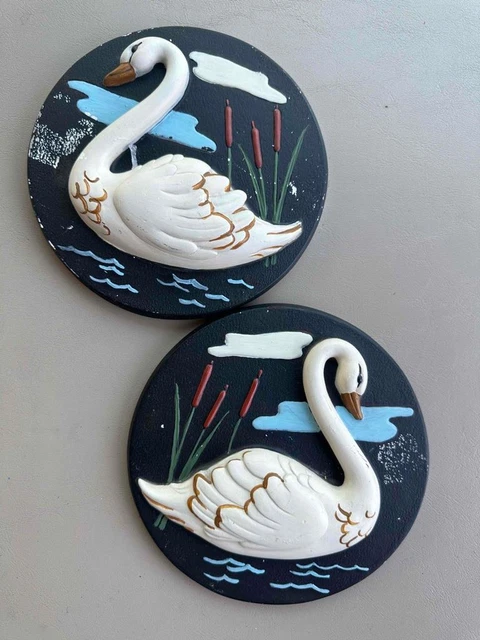 1958 MILLER STUDIO ROUND Chalkware SWANS Wall Decor PAIR