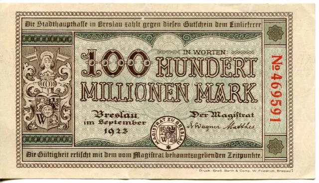 Notgeldschein Breslau,100 Millionen Mark,1923,Schlesien,einseitig