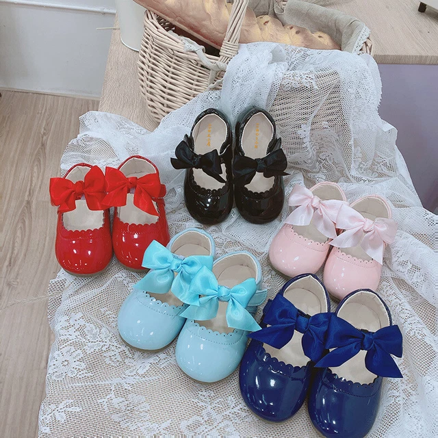 Scarpe Bambino Bambini Bambine Fiocco Spagnolo Matrimonio Piatto Festa Brevettato 4-8 9