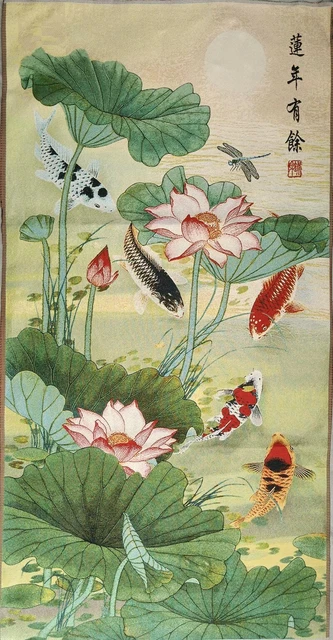 46inch Exquisite Chinese Old Silk Embroidery painting Lotus Fish