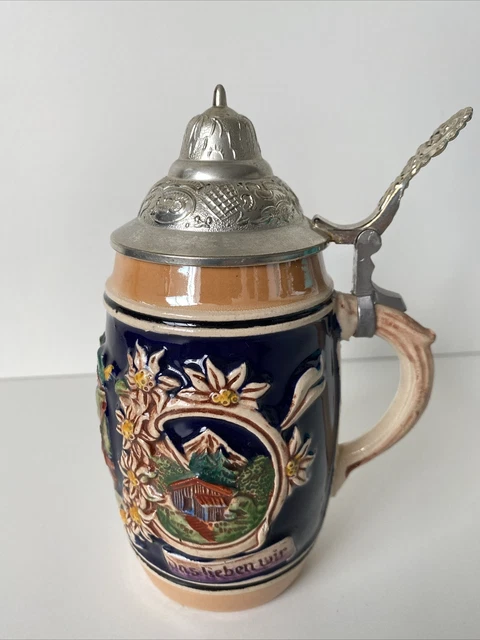 Chope à Bière Vintage Allemande Peinte à La Main - Stein Avec Couvercle - Modèle Rare B138