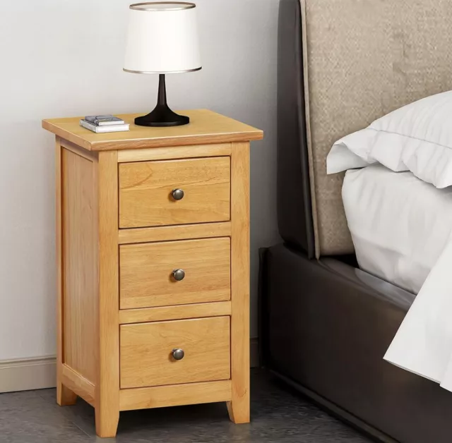 Small Oak Effect Bedside Table - Narrow Side Lamp Nightstand - 3 Drawers