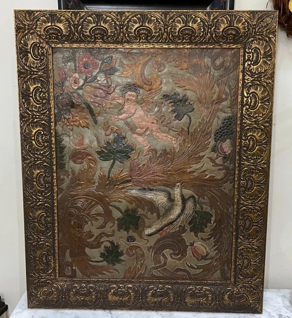 LARGE 19th CENTURY PAINTING ON HAND TOOLED LEATHER - CHERUB WITH BIRD & FLOWERS