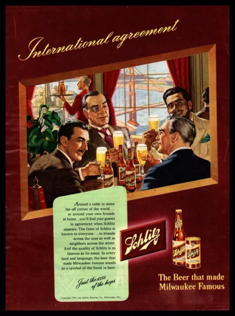 1947 Schlitz Beer Golden Gate Bridge San Francisco California Vintage Print Ad