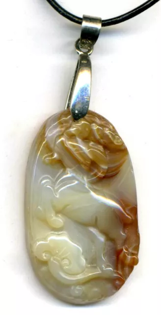 CARVED AGATE PENDANT, beautiful hand carved NECKLACE black leather cord