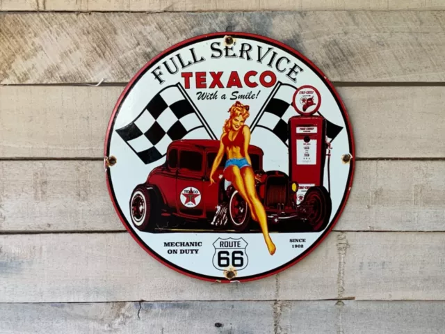 Vintage Texaco Route 66 Gasoline Porcelain Gas Service Station Pump Plate Sign