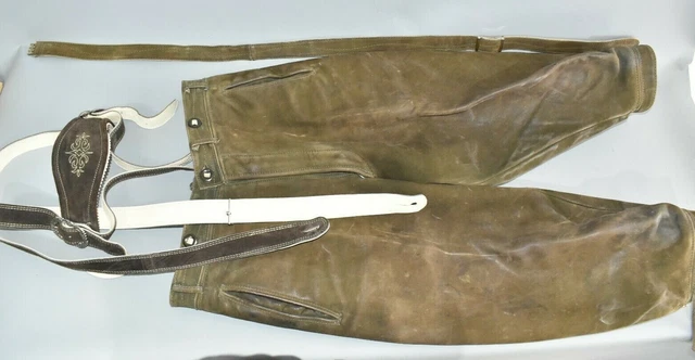 alte Hirschlederhose Kniebund Hosenträger Trachen Oktoberfest speckig Fach #8