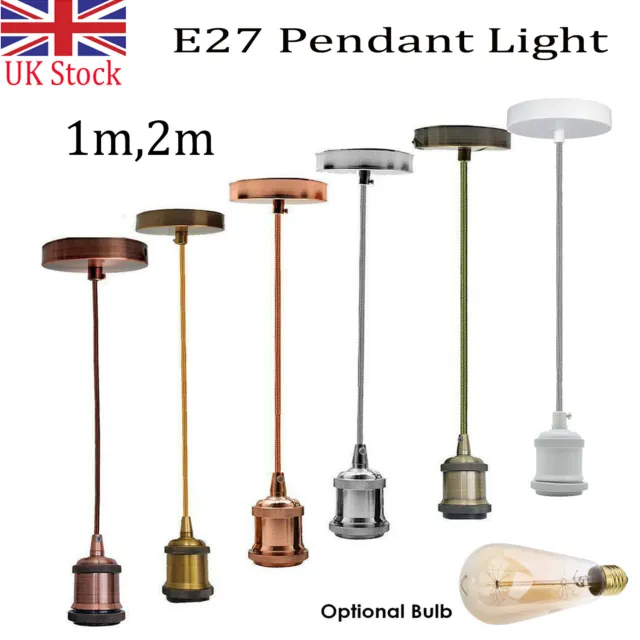 Vintage Industrial E27 Holder Pendant Light Ceiling Rose LED Hanging Retro Lamp