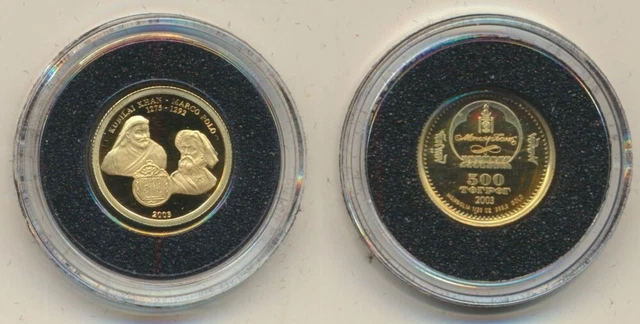 Mongolia: 2003 500 Togrog 1.224g 9999 Gold Kublai Khan & Marco Polo with Cert.