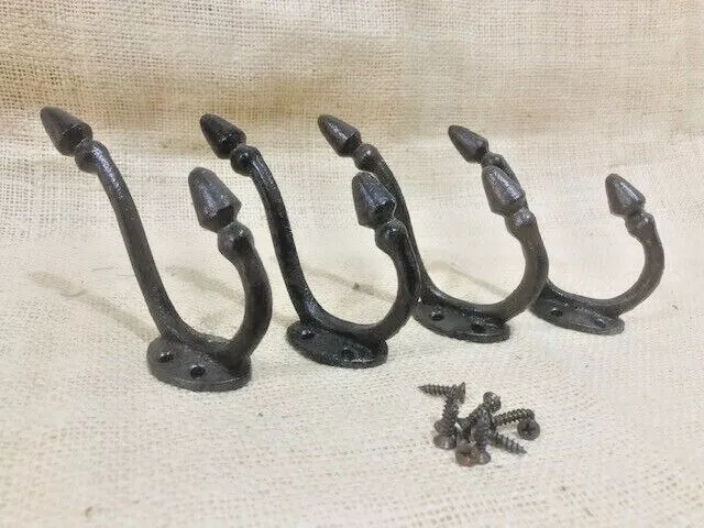 4 Rustic Coat Hooks Cast Iron Wall Mount Hat Hook Towel Bath School Traditional