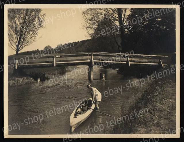 orig. Foto Frau mit Faltboot Wiking Wasserwandern Chiemgau Bach Holzbrücke 1926