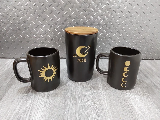 RAE DUNN Coffee Mugs Black Gold Own Your Magic & Its Just a Phase Sun Moon Canis 2