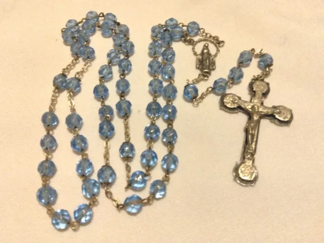 🙂️ 🙂 Antiguo Rosario Milagroso Centro Virgen María con Cuentas de Cristal Azul Mar