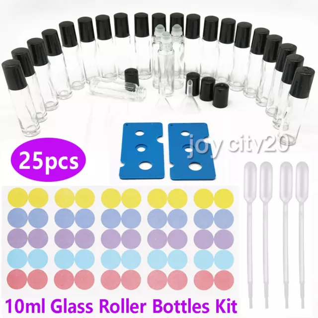 25PCS 10ml Clear THICK Glass Roller Bottles Big Roll on Ball Essential Oils Set