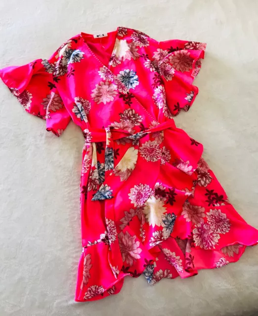 BB Dakota Womens Pink Kimono Wrap Ruffled Belted Floral Dress Size S