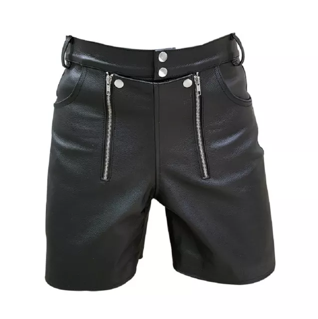 Mens Genuine Black Leather Chastity Bondage Rear Zipper Shorts