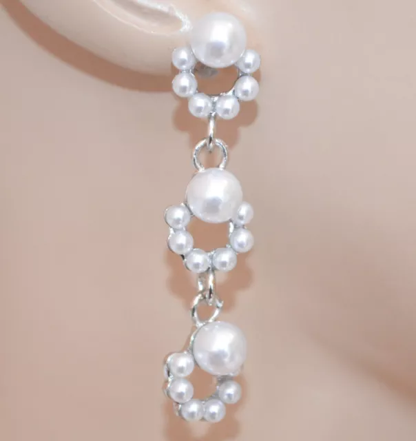 Orecchini donna argento perla bianca pendenti lunghi perline sposa UW131