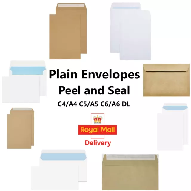 Quality Strong Plain Envelopes Peel and Seal C5/A5 C6/A6 C4/A4 White & Manila