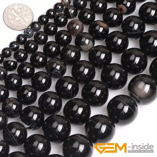 Natural Black Stripe Agate Onyx Gemstone Spacer Loose Round Beads Strand 15"