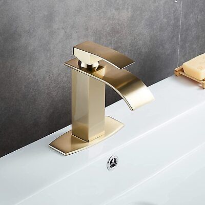 Single Hole Waterfall Bathroom Faucet Brushed Gold, NEWRAIN One Hole Bathroom Si
