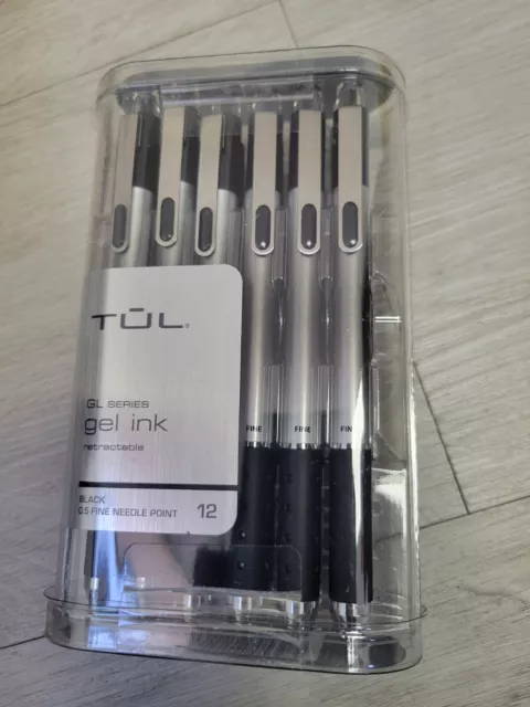 NEW TUL Retractable Gel Ink Pens FINE Needle Point Black Ink Pack Of 12 0.5mm