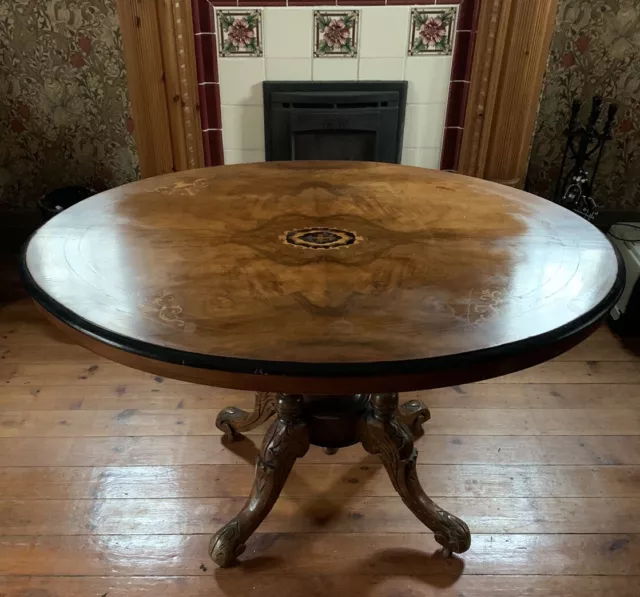 VICTORIAN 1800’s Loo Table Inlaid Burr Walnut Oval Top & Turned Base Tilt Top