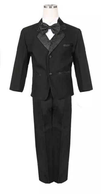 Boys Tuxedo suit Black 5 piece Paisley Jacquard trim Fancy wedding Holiday