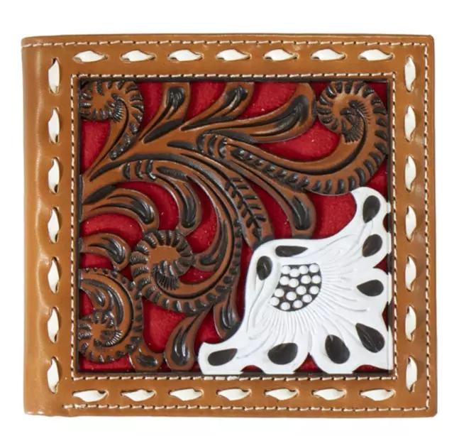 Nocona Western Mens Wallet Bifold Leather Red Underlay Buck Lace Tan N5414904