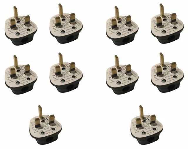 10 x Standard UK Fused 13A Black Mains 3 Pin Household Power Plugs With 13A Fuse