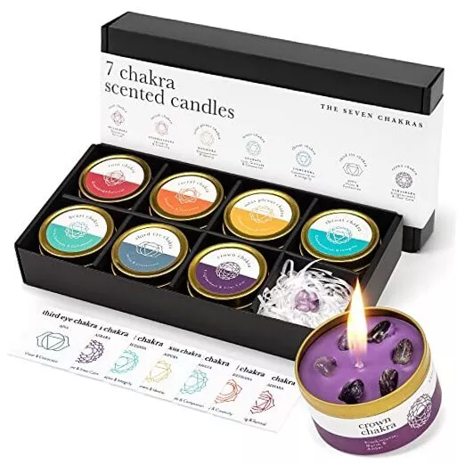Chakra Candle Box Set of 7 with Crystals Inside | for Aromatherapy,
