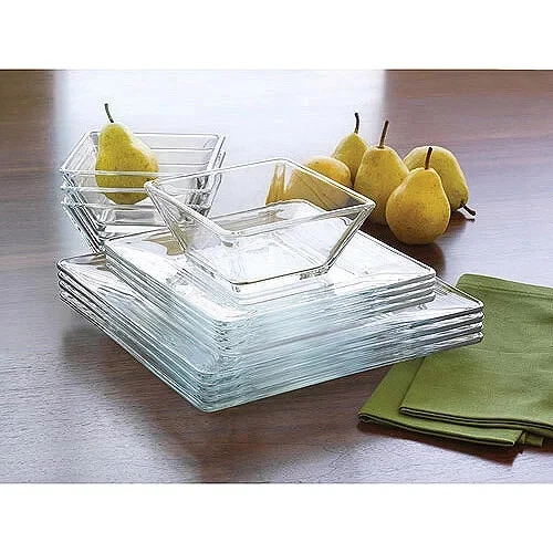MAINSTAYS 12PIECE SQUARE Glass Dinnerware Set Clear Glass