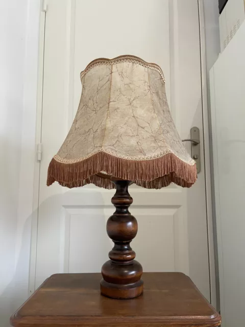 62CM Grande lampe de table française abat jour bois Année 50 vintage & ancien