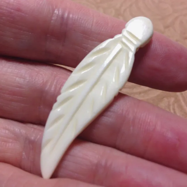 Feather Hand Carved Cream Bovine Bone Beads, 49mm x13mmx3mm thick, Two (2) Beads