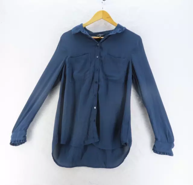 PORTMANS Womens Size 12 Dark Navy Blue Long Sleeve Button Up Blouse Frill Cuffs