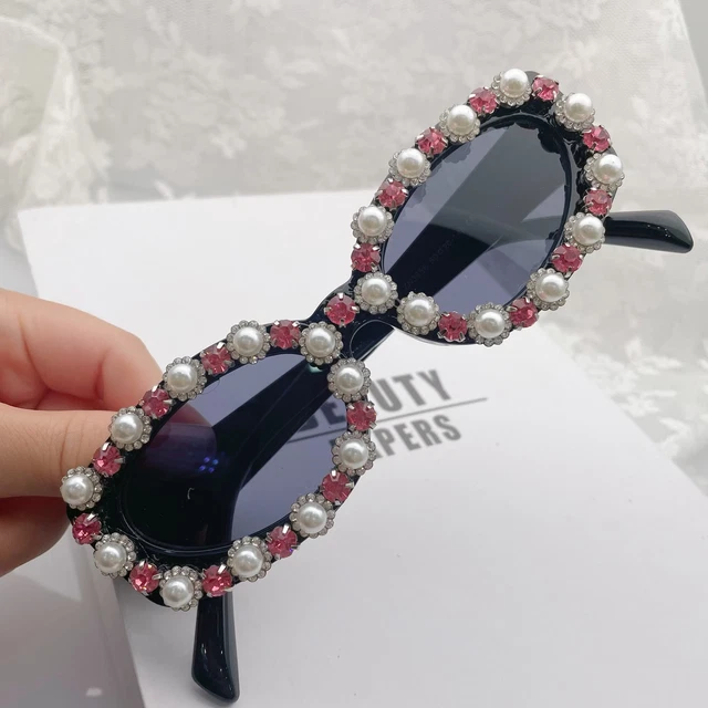Oval Sunglasses UV400 Bling Pearls Rhinestone Elegant Personalized Party O