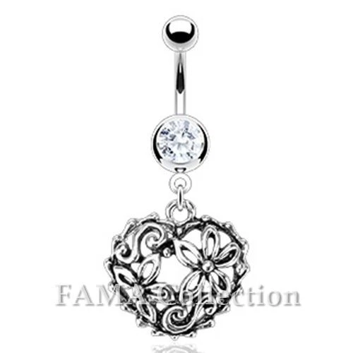 FAMA 316L Surgical Steel Vintage Style Flower Garden in a Heart Navel Belly Ring