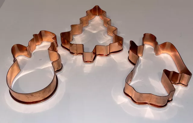 3 Large Copper Cookie Cutters CHRISTMAS TREE SNOWMAN ANGEL Heavy Riveted 6” Lot