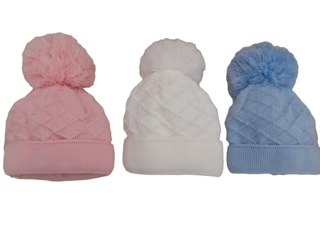 Cappello a bobble nuovo con etichette bambine bambini unisex rosa blu bianco pom invernali pom 6 m a 3 Y