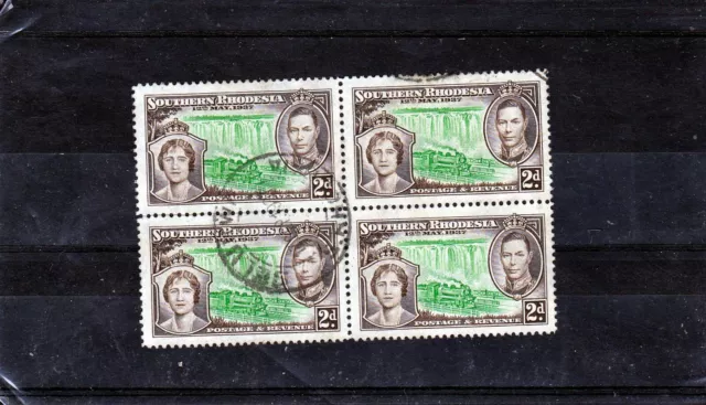 SOUTHERN RHODESIA 1937 CORONATION 2d EMERALD & SEPIA BLOCK OF 4 SG.37 FINE USED