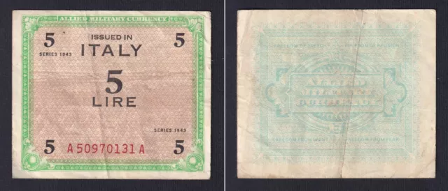 Italy Occupation American 5 Livres 1943 P M12a BB / VF C-D1