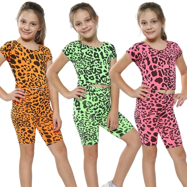 Kids Girls Crop Top & Cycling Shorts Leopard Print Summer Outfit Clothing Sets