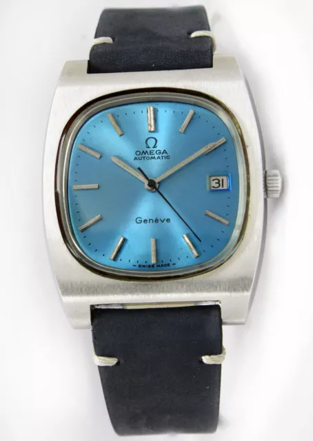 1973's Omega Geneve Automatic Date Sunburst Blue Steel Mens Vintage Watch