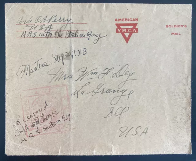 1918 US Army Expeditionary Forces Italy YMCA Censored Cover to La Grange IL Usa