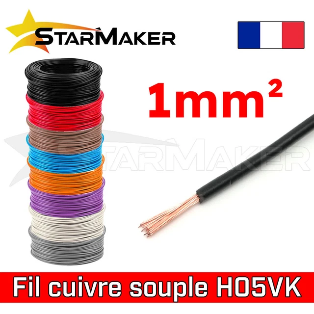 Fil électrique souple H05VK - 1 mm² - cuivre multibrin câble AWG 17 - 8 couleurs