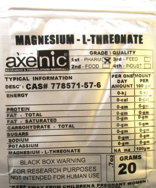 Magnesium L THREONATE 20 Grams Powder 98.5% CAS 778571 - 57 - 6